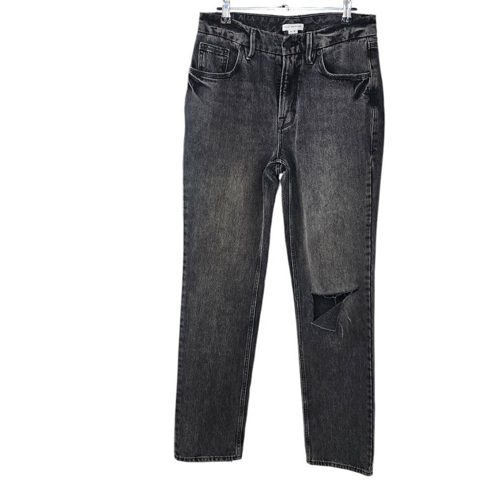 Good American 90's Icon Straight Leg Jeans, Gray Black Wash, Distressed, Size 27